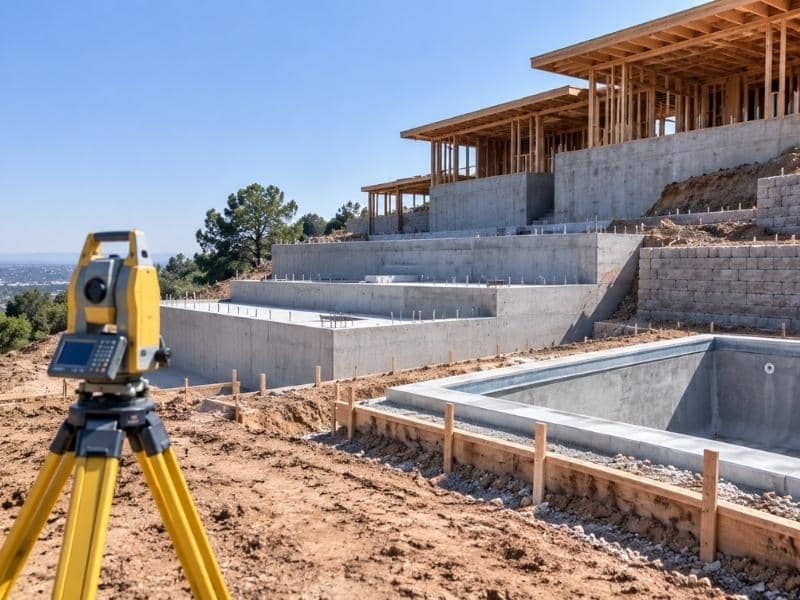 Wide view of a hillside construction site showing a stepped foundation, pool shell, and tiered retaining walls positioned at different elevations.